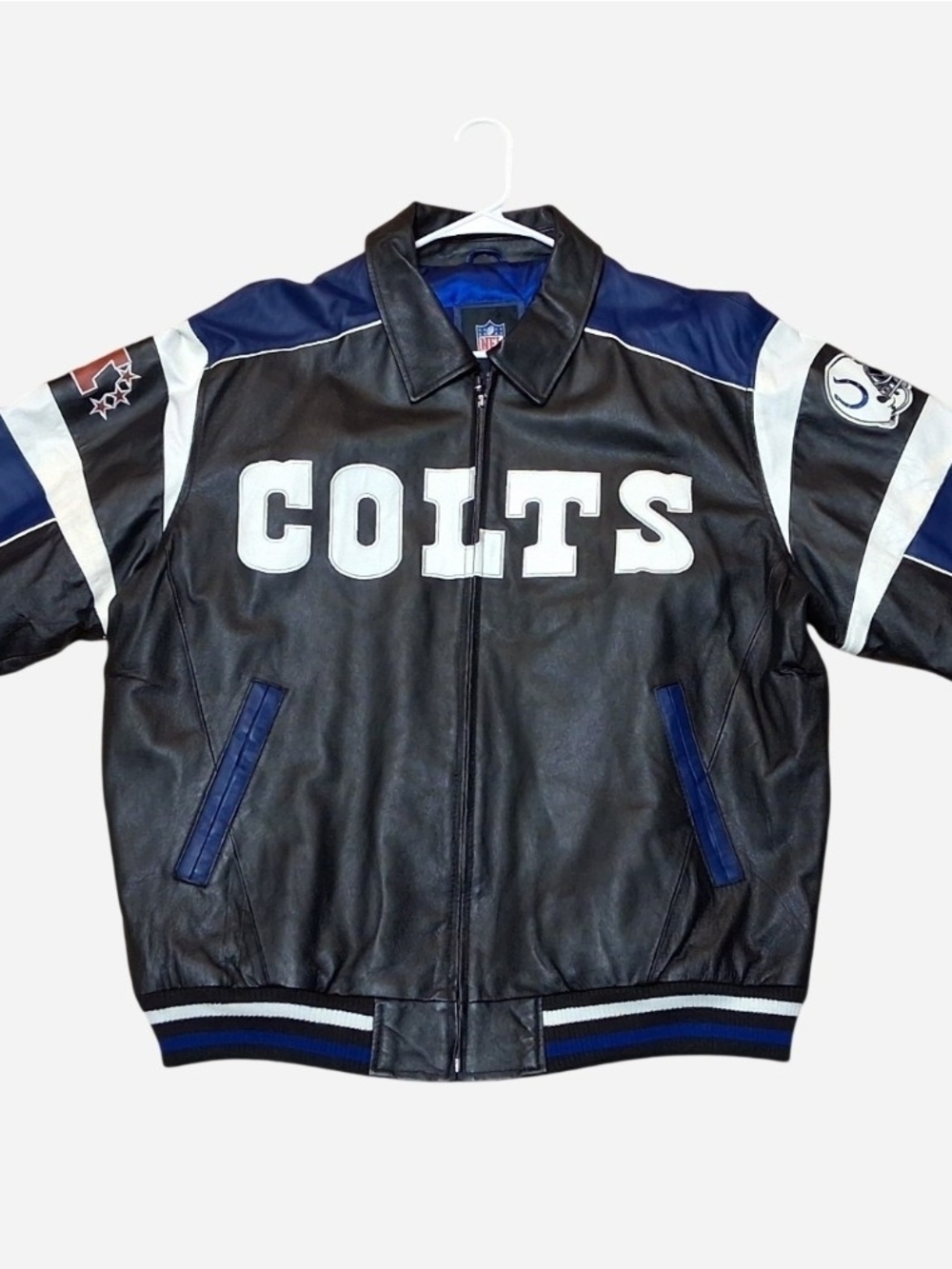 NFL Colts Black, Blue & White Leather Bomber Jacket